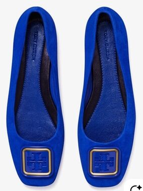 Tory Burch Georgia Bright Ocean Suede Logo Square-Toe Ballet All Leather 9.5M